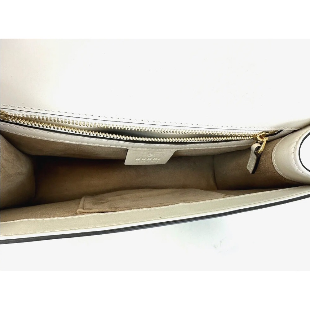 SOLD-Gucci Sylvie Leather Shoulder Bag White Embroidered Web Strap 10"x6.5" - Picture 13 of 15